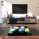 摩达新品 电视柜客厅地柜茶几组合简约现代黑色橡木框架灰色镜面