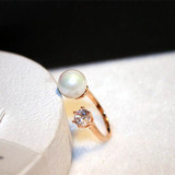 韩国时尚天然珍珠贝母镶钻戒指18k镀真金克拉锆石指环开口可调节