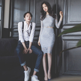 2016新款韩国小香风性感蕾丝连衣裙春装修身显瘦中长款ol两件套