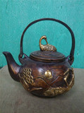 丁丁古玩杂项 仿紫铜做旧 铜茶壶 酒壶摆件 鎏金款仙鹤图案茶壶
