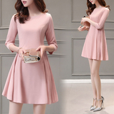 韩版修身气质粉色夏季短袖连衣裙A字裙显瘦百褶中裙