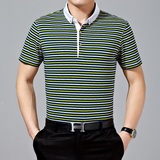 中年男士丝光棉短袖大码T恤柒牌夏季薄款商务立领条纹T恤爸爸男装