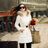 韩国冬季新款羽绒服女中长款加厚修身显瘦收腰大毛领连帽纯色外套