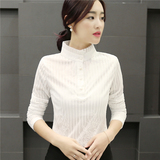 雪纺衫长袖女2016秋冬装韩版潮修身蕾丝打底衫中长款上衣女白衬衫