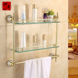 全铜洗漱台 镀金色双层玻璃置物架 钢化玻璃单层化妆架浴室毛巾架