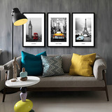 巴黎伦敦纽约黑白现代复古装饰画客厅沙发背景墙画壁画三联画挂画
