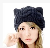 韩国帽子女秋季羊毛贝雷帽麻花冬天韩版针织帽日系猫耳朵毛线帽潮