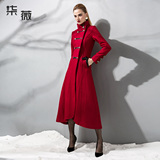 柒薇2015欧美女装秋冬新款毛呢外套修身双排扣红色羊毛加长大衣潮