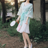 夏女新款原创中国风汉元素镂空百褶假两件改良汉服曲裾飘逸连衣裙