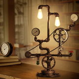 美式乡村创意个性书房双头台灯 复古工业风酒吧装饰齿轮工程台灯