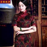 2016新款气质复古中式唐装旗袍古典女士日常真丝香云纱中长款旗袍