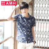 AMH男装韩版2016夏装新款潮流时尚青年迷彩印花短袖衬衫QU5043翎