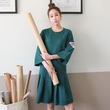 韩国代购2016MAR新春季女装大码宽松字母袖标百褶拼接中袖连衣裙