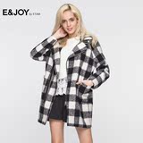 艾格E&joy 女装2016冬季新品休闲格纹中长款大衣外套15083402995