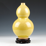 景德镇陶瓷器 仿古冰片官窑裂纹釉黄色葫芦花瓶 客厅家居装饰摆件