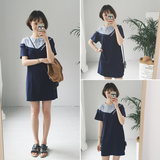 韩国女装夏季新款宽松创意假两件POLO领拼接绣花衬衫连衣裙短裙潮
