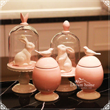 梦想家 法式浪漫陶瓷底座玻璃罩兔子小鸟收纳罐 粉红居家装饰摆件