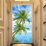 3D墙纸过道走廊壁画玄关立体竖版无缝走道壁纸墙布海滩椰子背景墙