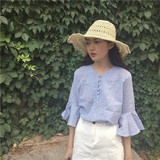 夏装新款韩国chic风复古细蓝条纹宽松喇叭袖显瘦棉质女衬衫上衣