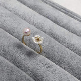 纯天然akoya日本海水珍珠戒指18K黄金镶嵌贝壳花甜美海水珍珠戒指
