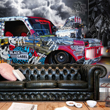 3d立体复古怀旧涂鸦壁纸汽车咖啡厅酒吧西餐厅KTV背景墙纸壁画
