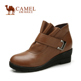camel 骆驼女靴牛皮冬靴休闲短靴坡跟女士皮靴魔术贴女