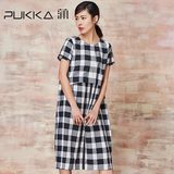 Pukka/蒲牌2016夏装新款原创设计女装棉麻黑白格子短袖连衣裙