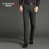 K-boxing/劲霸男裤冬季保暖长裤格子修身男士商务休闲裤CQXU4307