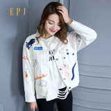 EPJ白色百搭牛仔外套女2016春装新款韩版时尚刺绣  宽松短款上衣