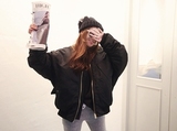 韩国代购女装外套Naning9纯色宽松中长款拉链棒球领加厚飞行夹克
