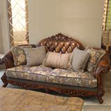 欧式真皮沙发组合 古典实木皮配布贵妃椅 美式客厅家具皮布沙发