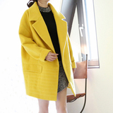 2016春装新款茧型加厚羊绒毛呢外套中长款长袖黄色呢子风衣女大衣