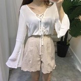 夏季韩国chic个性百搭透视V领喇叭袖绑带衬衫 纯色长袖雪纺衫 女