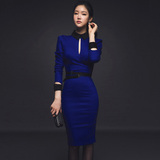春装连衣裙蓝色长袖韩版包臀名媛气质高端OL职业通勤优雅性感女装