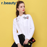 r．beauty秋新款韩版女装字母印花休闲大码中长款白衬衫r16C8390