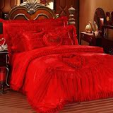 式蕾丝六件套结婚床上用品床单被套婚庆天丝棉贡缎大红色四件套韩