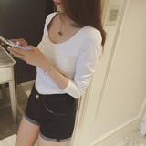 2015韩版长袖T恤打底衫18冬24周岁大领纯白短款衣服桖女打的学生