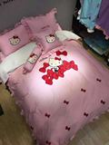 Hellokitty卡通纯棉粉色四件套纯色床裙凯蒂猫刺绣可爱被套蝴蝶结