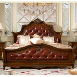 欧式床 美式古典红雕花全真皮全实木大床2 2.2米大床卧室橡木家具