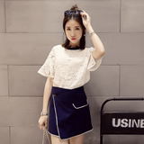 2016夏装新款简约韩版镂空圆领白色蕾丝衫碎花宽松短袖T恤女装