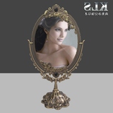 欧式复古双面雕花化妆镜公主台式椭圆梳妆镜子镶珠青铜色 特价