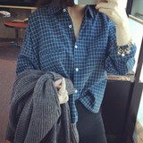 2016秋季新款韩版BF风宽松显瘦短款格子棉麻衬衫长袖衬衣女学生潮