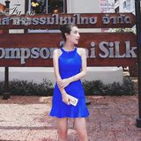 法素蓝色挂脖鱼尾裙 女 2016夏装新款无袖性感收腰修身韩国连衣裙