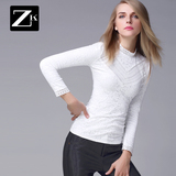 ZK花边领加绒加厚立领蕾丝衫长袖修身显瘦打底衫女装2016冬装新款