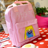 日系可爱卡通少女粉色方形手提双肩包 原宿软妹刺绣日文背包书包