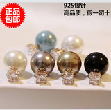 韩国代购925纯银防过敏奢华双面大小珍珠方块锆石两戴耳钉耳环女
