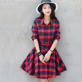韩版a字连衣裙2015新款英伦气质长袖修身秋装红格子连衣裙 配腰带