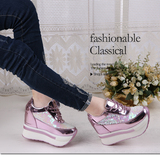 16韩版秋季新款亮片亮皮鞋内增高超高跟厚底女单鞋松糕跟运动女鞋