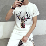 夏季日系印花小鹿短袖T恤套装男士韩版修身青年小衫男装加大码潮