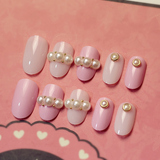 日系圆头 玉粉色珍珠可爱成品美甲 胶水款假指甲24片胶水款贴片